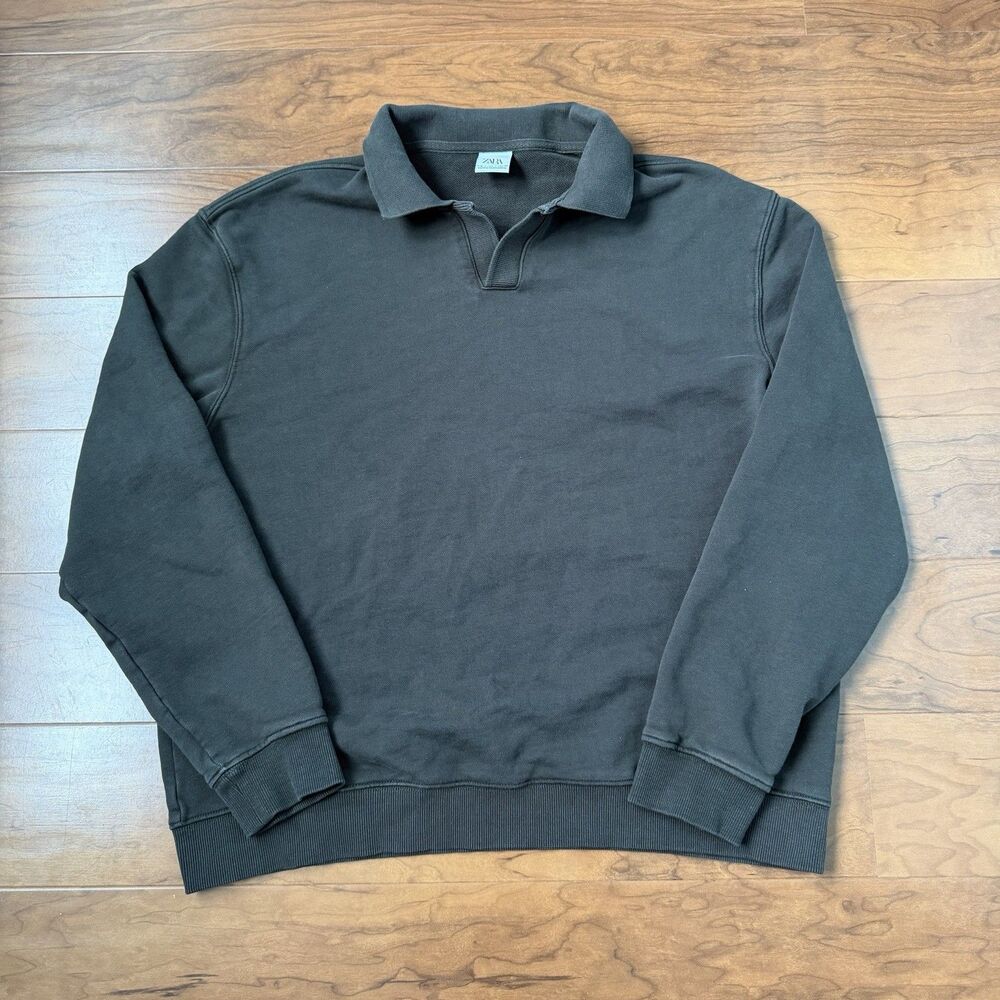 Zara Polo Sweatshirt Mens Size L Long Sleeves Collared Stretch Dark Olive